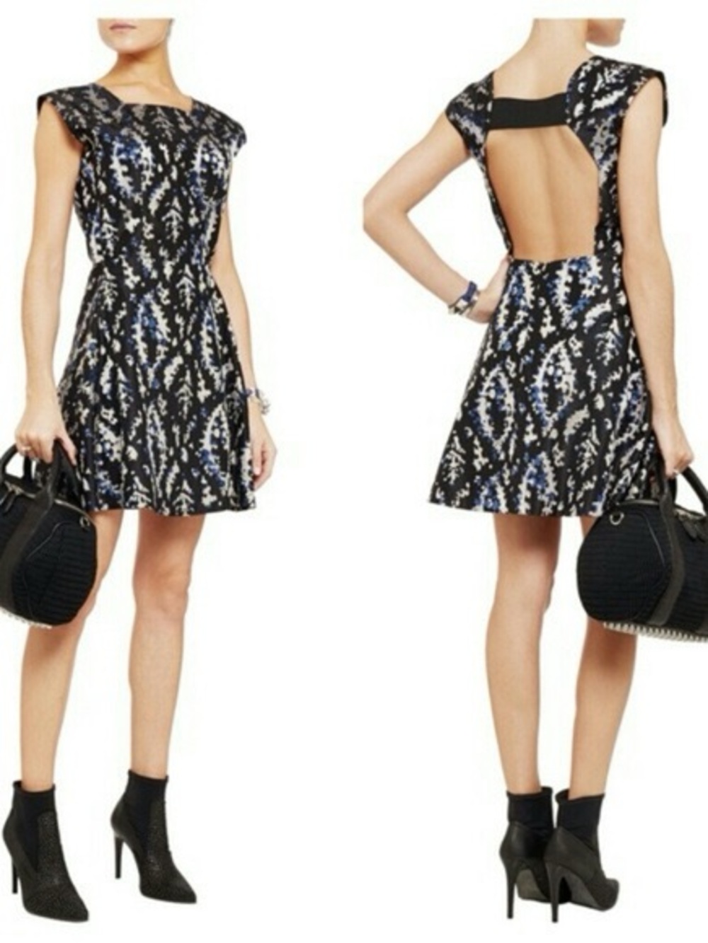 Theyskens' Theory Black, Silver and Blue Open-Back Fit & Flare Dress Darko Fembo